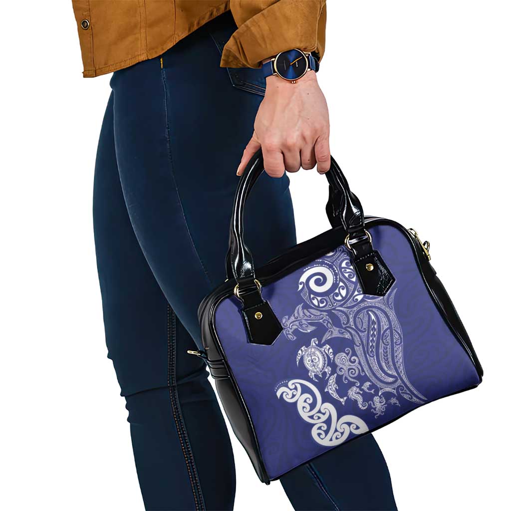 New Zealand Sea Animals with Maori Tribal Tattoo Shoulder Handbag Blue Color