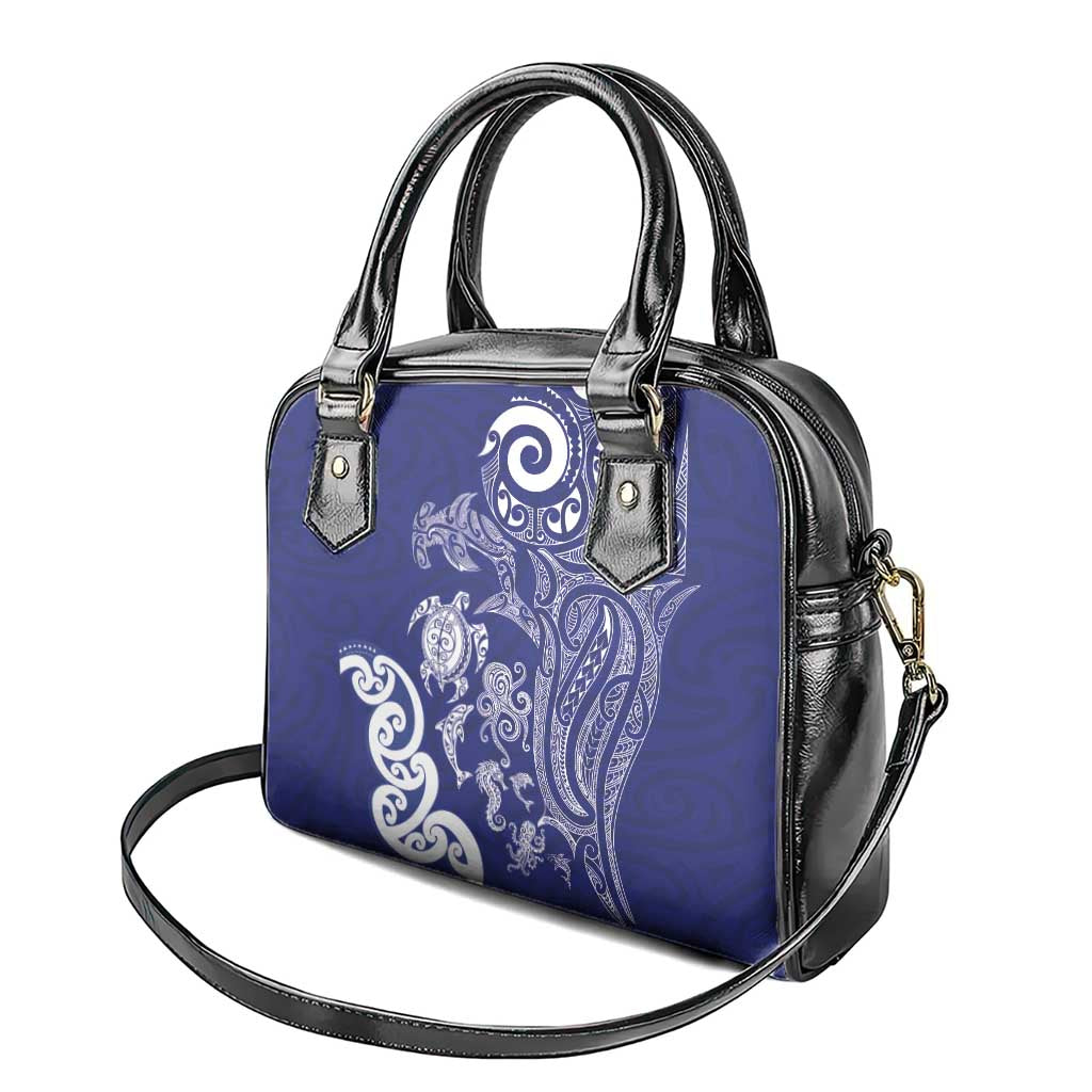 New Zealand Sea Animals with Maori Tribal Tattoo Shoulder Handbag Blue Color