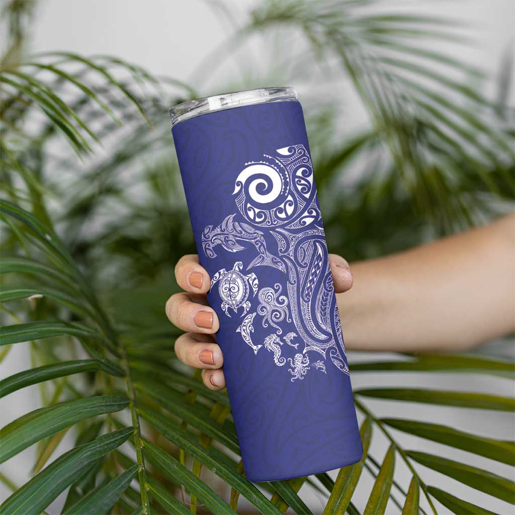 New Zealand Sea Animals with Maori Tribal Tattoo Skinny Tumbler Blue Color