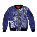 New Zealand Sea Animals with Maori Tribal Tattoo Sleeve Zip Bomber Jacket Blue Color
