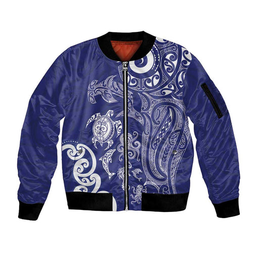 New Zealand Sea Animals with Maori Tribal Tattoo Sleeve Zip Bomber Jacket Blue Color