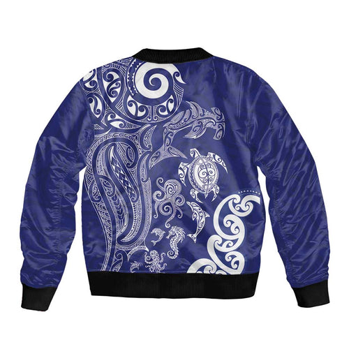 New Zealand Sea Animals with Maori Tribal Tattoo Sleeve Zip Bomber Jacket Blue Color