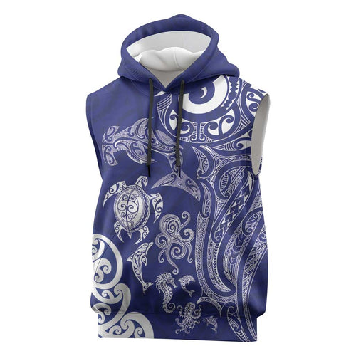 New Zealand Sea Animals with Maori Tribal Tattoo Sleeveless Hoodie Blue Color
