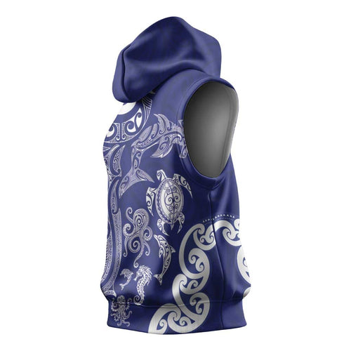 New Zealand Sea Animals with Maori Tribal Tattoo Sleeveless Hoodie Blue Color