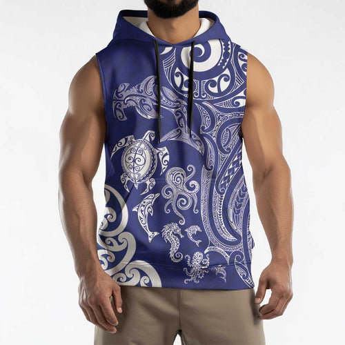 New Zealand Sea Animals with Maori Tribal Tattoo Sleeveless Hoodie Blue Color