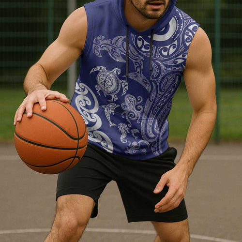 New Zealand Sea Animals with Maori Tribal Tattoo Sleeveless Hoodie Blue Color