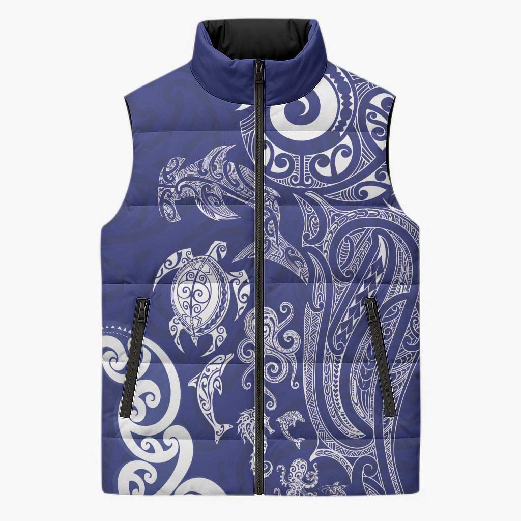 New Zealand Sea Animals with Maori Tribal Tattoo Sleeveless Puffer Jacket Blue Color