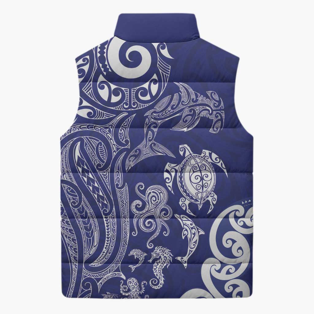 New Zealand Sea Animals with Maori Tribal Tattoo Sleeveless Puffer Jacket Blue Color