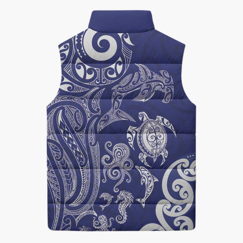 New Zealand Sea Animals with Maori Tribal Tattoo Sleeveless Puffer Jacket Blue Color