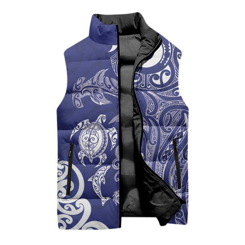 New Zealand Sea Animals with Maori Tribal Tattoo Sleeveless Puffer Jacket Blue Color