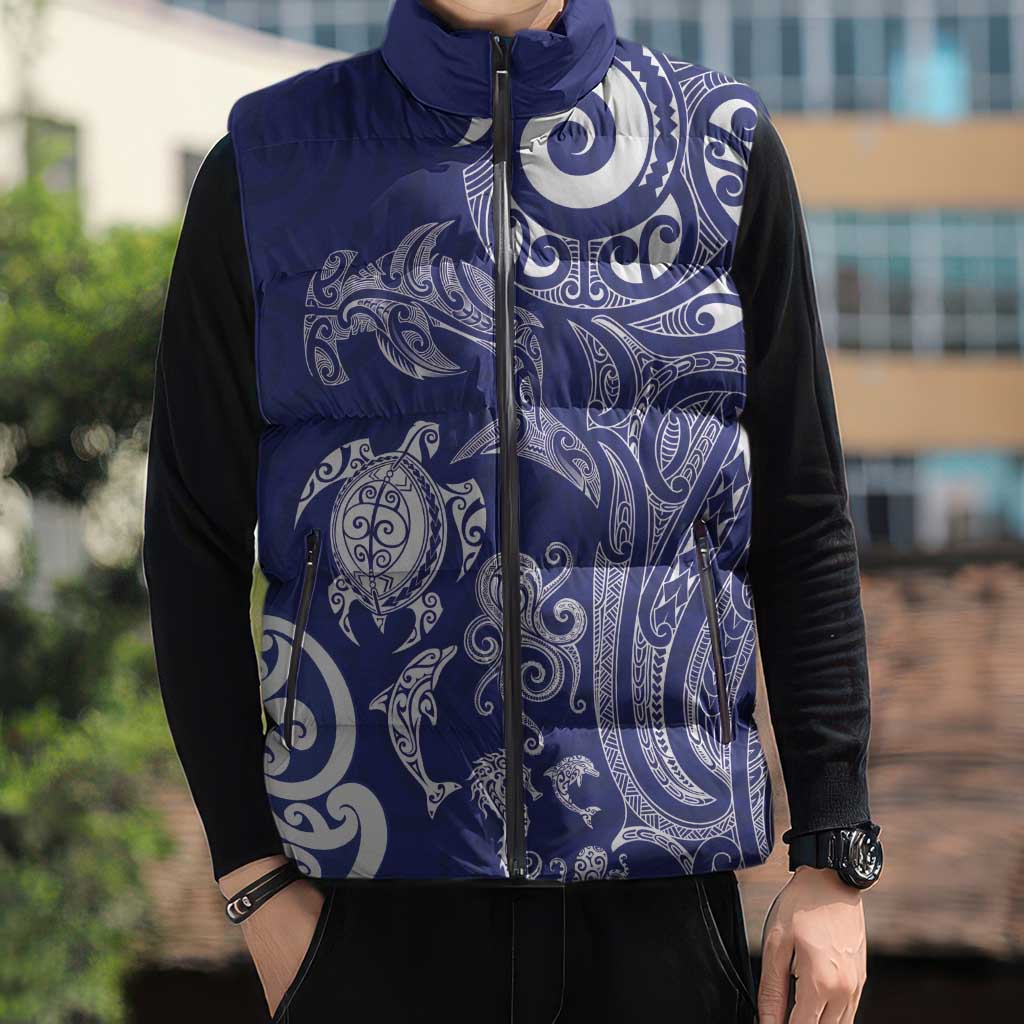 New Zealand Sea Animals with Maori Tribal Tattoo Sleeveless Puffer Jacket Blue Color