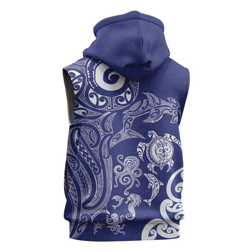 New Zealand Sea Animals with Maori Tribal Tattoo Sleeveless Zip Hoodie Blue Color