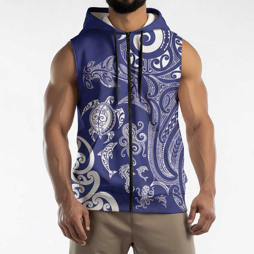 New Zealand Sea Animals with Maori Tribal Tattoo Sleeveless Zip Hoodie Blue Color