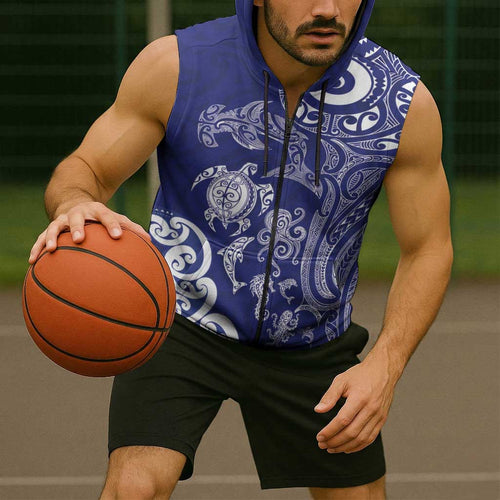 New Zealand Sea Animals with Maori Tribal Tattoo Sleeveless Zip Hoodie Blue Color