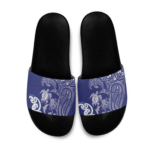 New Zealand Sea Animals with Maori Tribal Tattoo Slide Sandals Blue Color