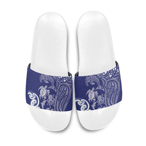 New Zealand Sea Animals with Maori Tribal Tattoo Slide Sandals Blue Color