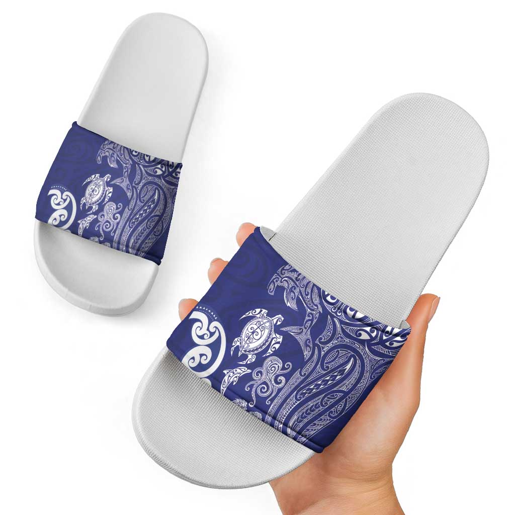 New Zealand Sea Animals with Maori Tribal Tattoo Slide Sandals Blue Color