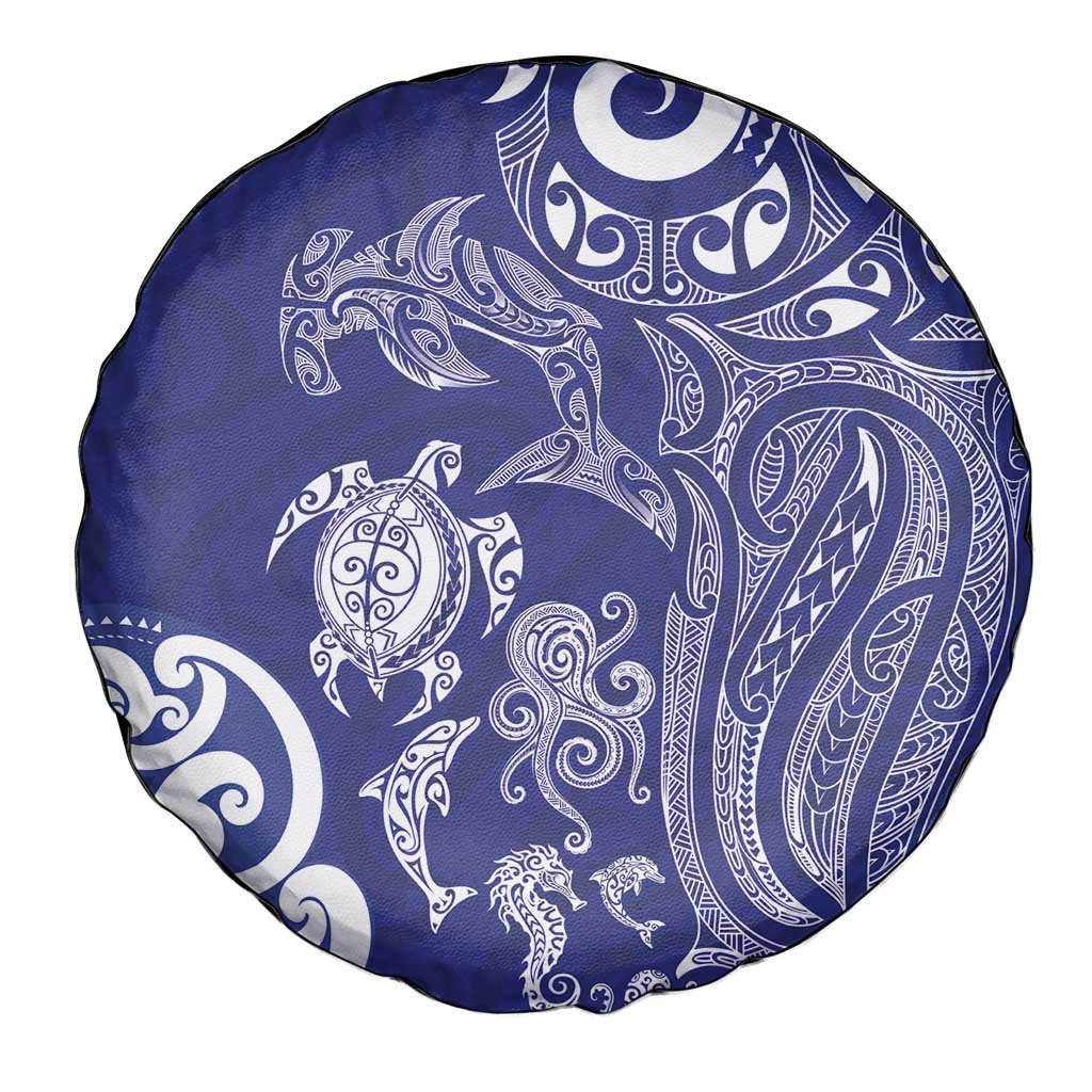 New Zealand Sea Animals with Maori Tribal Tattoo Spare Tire Cover Blue Color