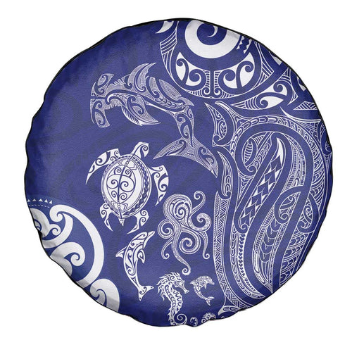 New Zealand Sea Animals with Maori Tribal Tattoo Spare Tire Cover Blue Color