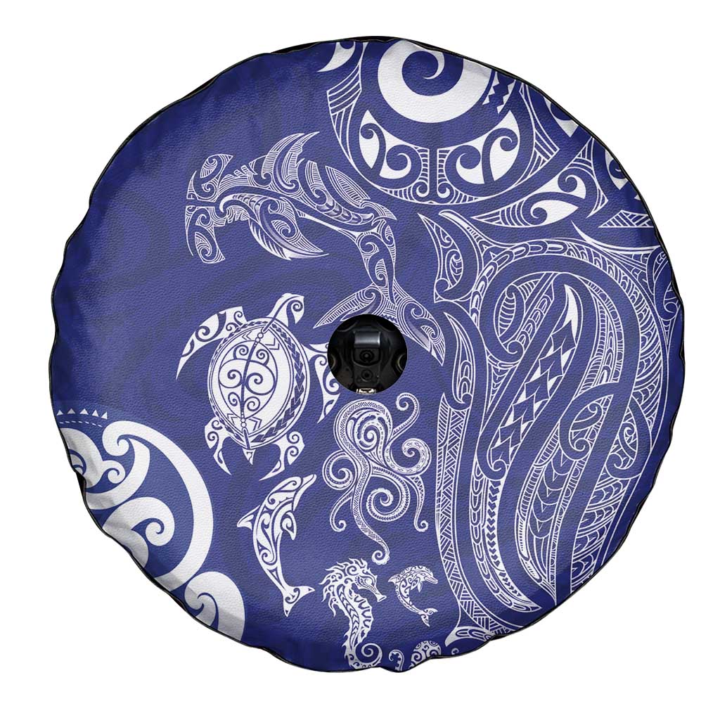 New Zealand Sea Animals with Maori Tribal Tattoo Spare Tire Cover Blue Color