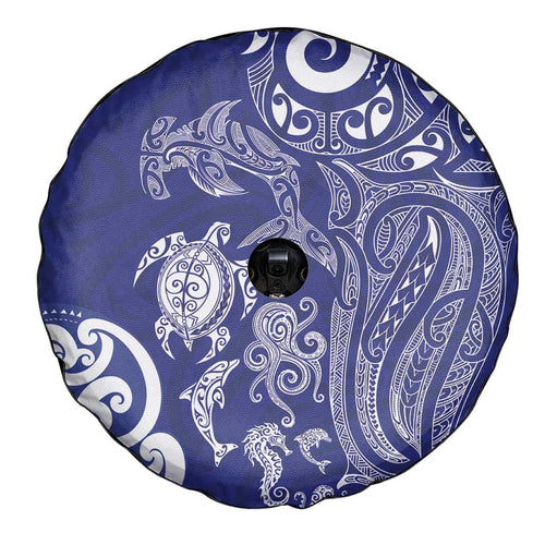 New Zealand Sea Animals with Maori Tribal Tattoo Spare Tire Cover Blue Color