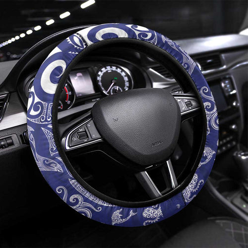 New Zealand Sea Animals with Maori Tribal Tattoo Steering Wheel Cover Blue Color