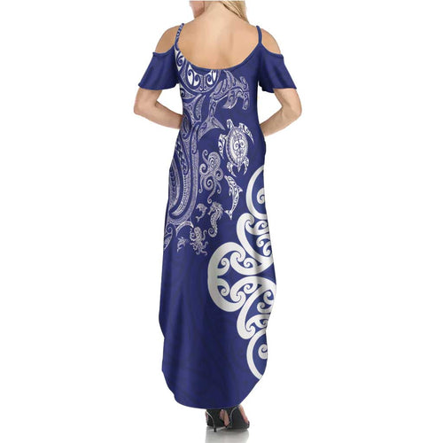 New Zealand Sea Animals with Maori Tribal Tattoo Summer Maxi Dress Blue Color