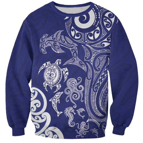 New Zealand Sea Animals with Maori Tribal Tattoo Sweatshirt Blue Color