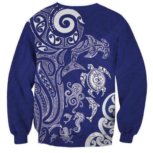 New Zealand Sea Animals with Maori Tribal Tattoo Sweatshirt Blue Color