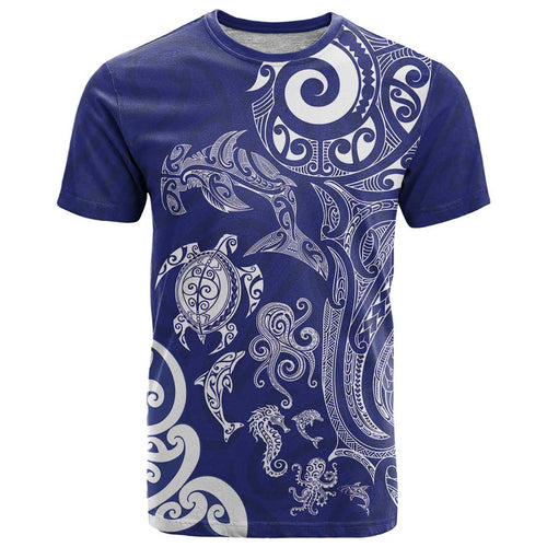 New Zealand Sea Animals with Maori Tribal Tattoo T Shirt Blue Color