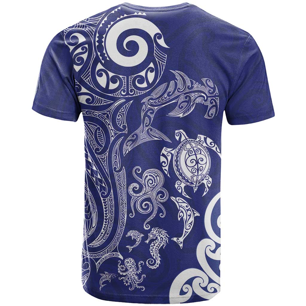 New Zealand Sea Animals with Maori Tribal Tattoo T Shirt Blue Color