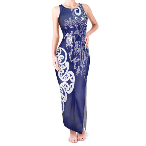 New Zealand Sea Animals with Maori Tribal Tattoo Tank Maxi Dress Blue Color