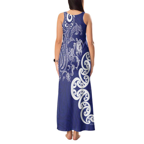 New Zealand Sea Animals with Maori Tribal Tattoo Tank Maxi Dress Blue Color