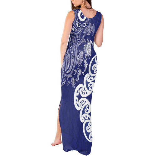 New Zealand Sea Animals with Maori Tribal Tattoo Tank Maxi Dress Blue Color
