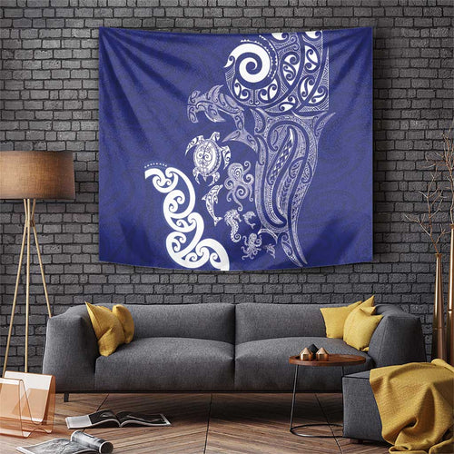 New Zealand Sea Animals with Maori Tribal Tattoo Tapestry Blue Color