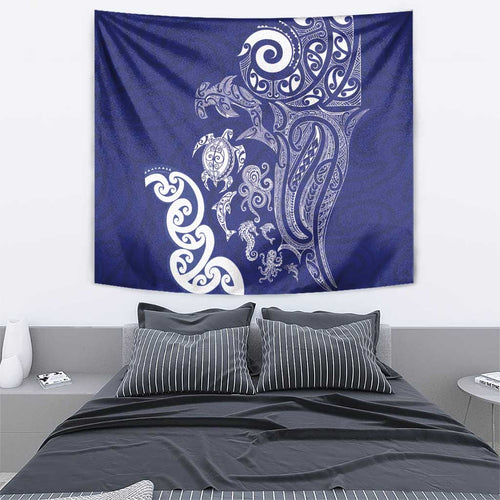 New Zealand Sea Animals with Maori Tribal Tattoo Tapestry Blue Color