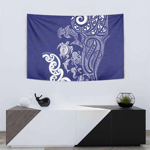 New Zealand Sea Animals with Maori Tribal Tattoo Tapestry Blue Color