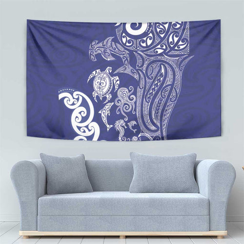 New Zealand Sea Animals with Maori Tribal Tattoo Tapestry Blue Color