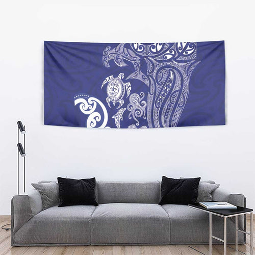 New Zealand Sea Animals with Maori Tribal Tattoo Tapestry Blue Color