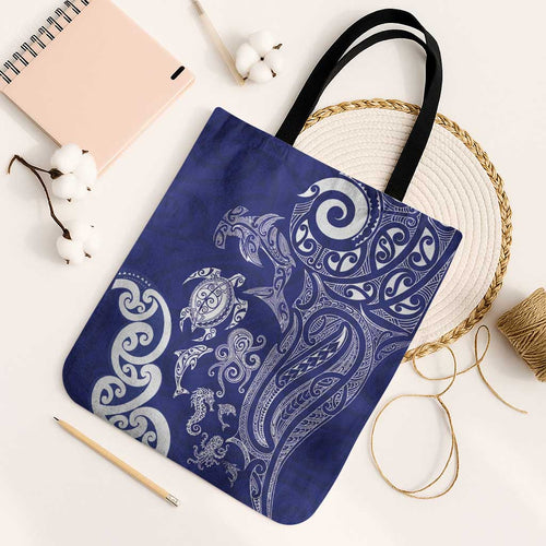 New Zealand Sea Animals with Maori Tribal Tattoo Tote Bag Blue Color
