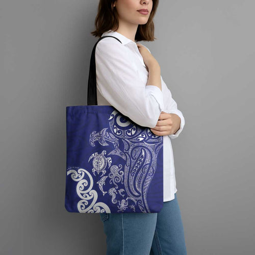 New Zealand Sea Animals with Maori Tribal Tattoo Tote Bag Blue Color