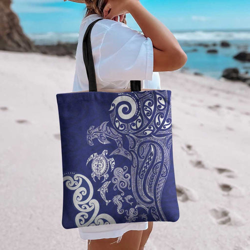New Zealand Sea Animals with Maori Tribal Tattoo Tote Bag Blue Color