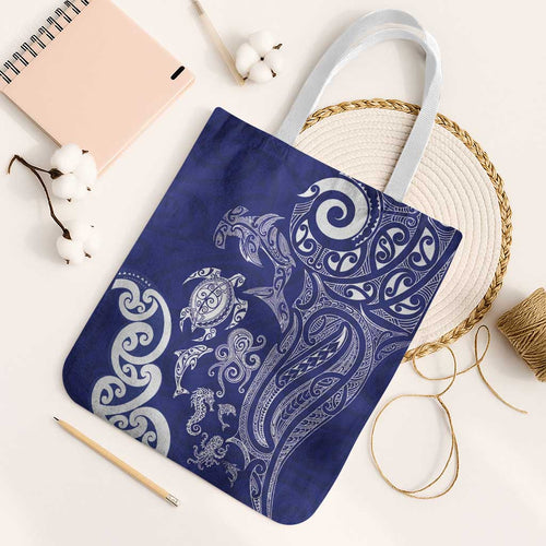 New Zealand Sea Animals with Maori Tribal Tattoo Tote Bag Blue Color