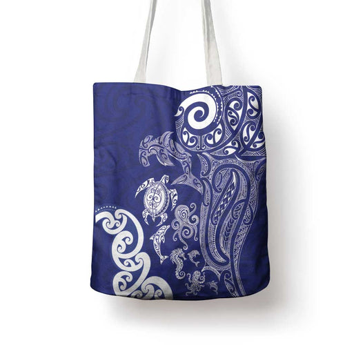 New Zealand Sea Animals with Maori Tribal Tattoo Tote Bag Blue Color