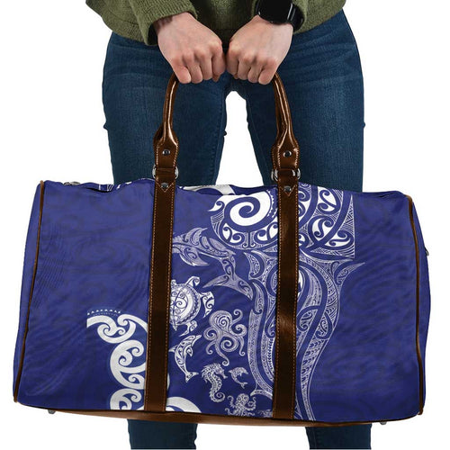 New Zealand Sea Animals with Maori Tribal Tattoo Travel Bag Blue Color