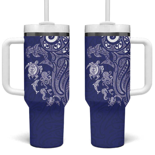 New Zealand Sea Animals with Maori Tribal Tattoo Tumbler With Handle Blue Color