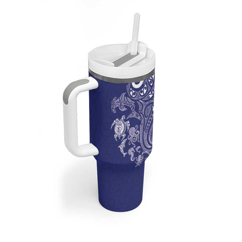 New Zealand Sea Animals with Maori Tribal Tattoo Tumbler With Handle Blue Color