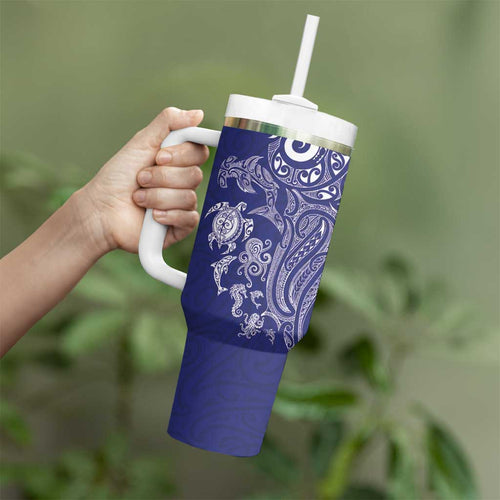 New Zealand Sea Animals with Maori Tribal Tattoo Tumbler With Handle Blue Color