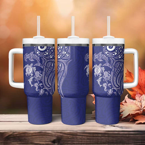 New Zealand Sea Animals with Maori Tribal Tattoo Tumbler With Handle Blue Color
