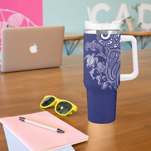 New Zealand Sea Animals with Maori Tribal Tattoo Tumbler With Handle Blue Color